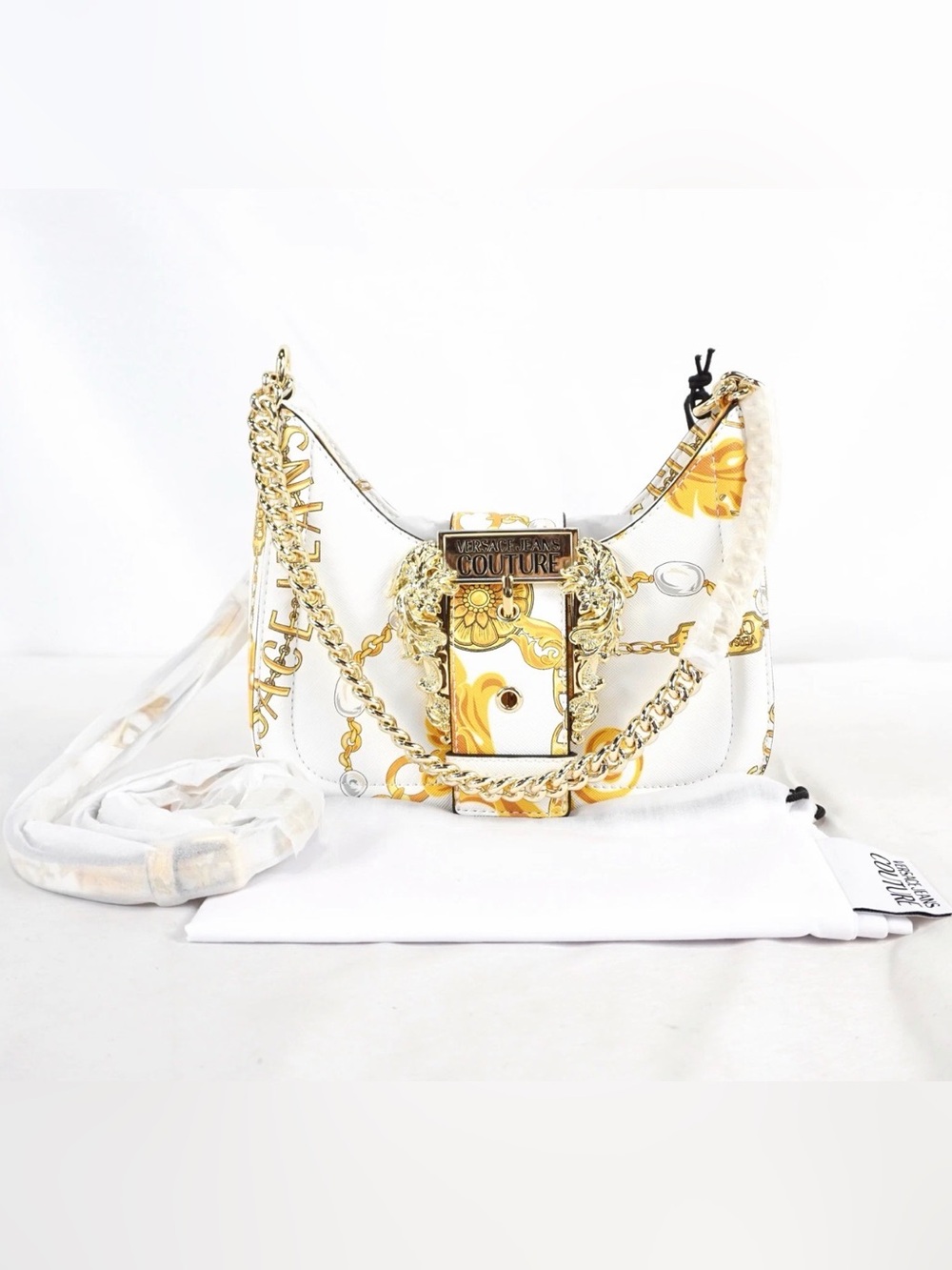 Versace Jeans Collection White & Gold Baroque Shoulder Bag with Chain